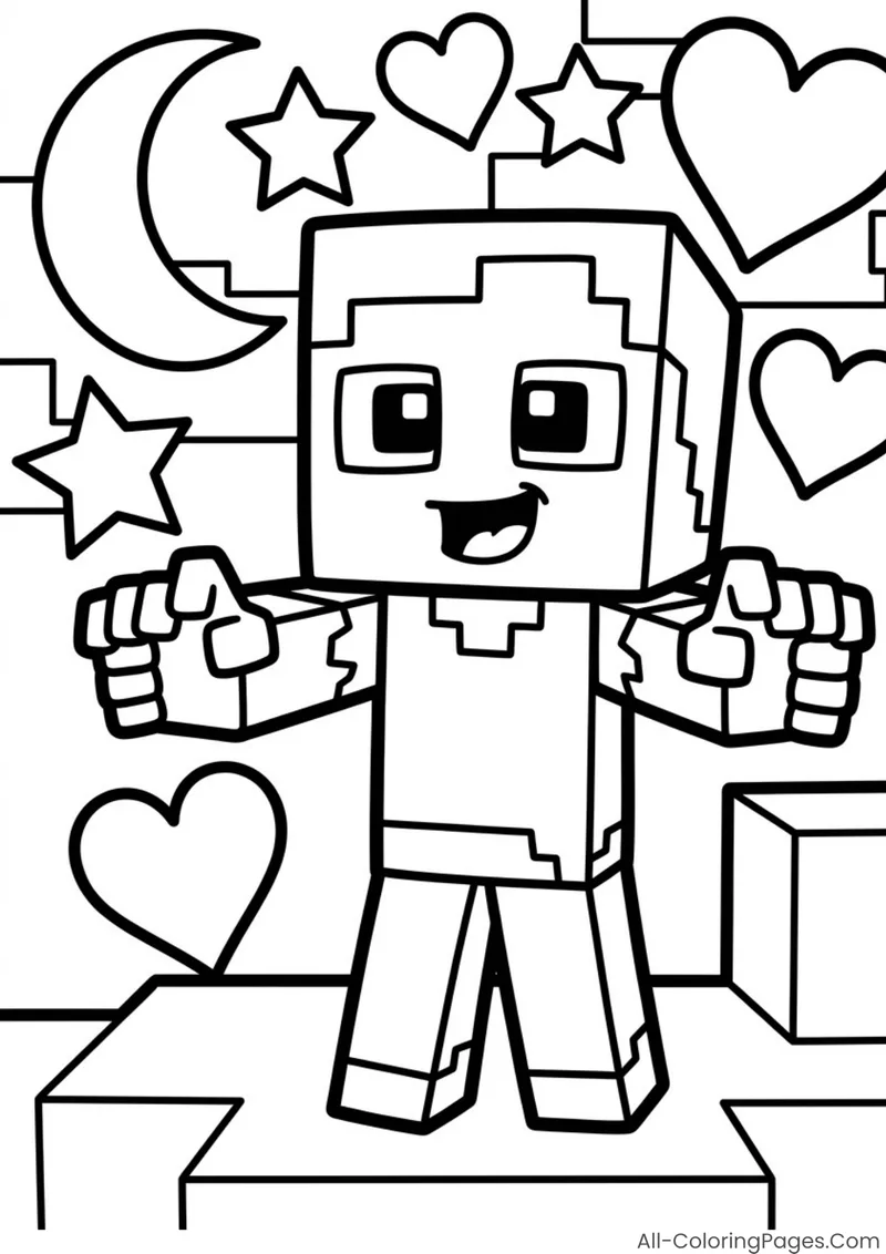 A smiling blocky zombie with outstretched arms under a crescent moon