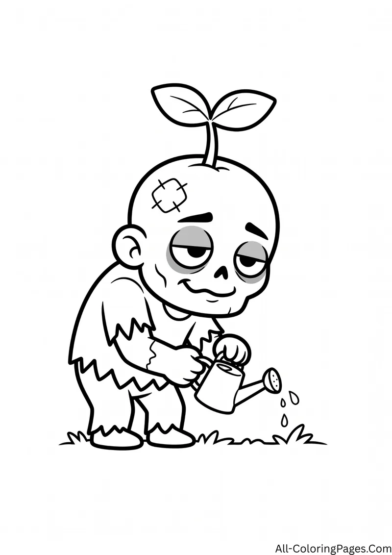 Zombie with a sprout on its head watering the ground with a watering can