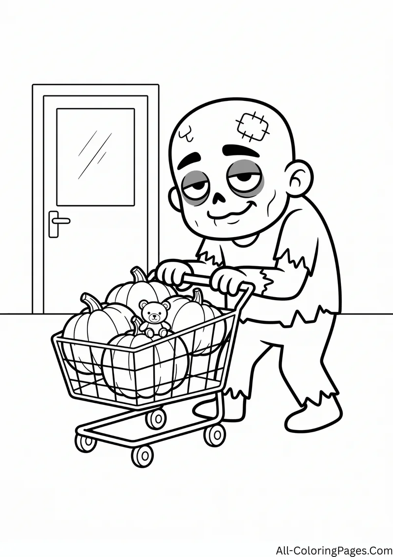 Zombie pushing a shopping cart filled with pumpkins and a teddy bear next to a store door