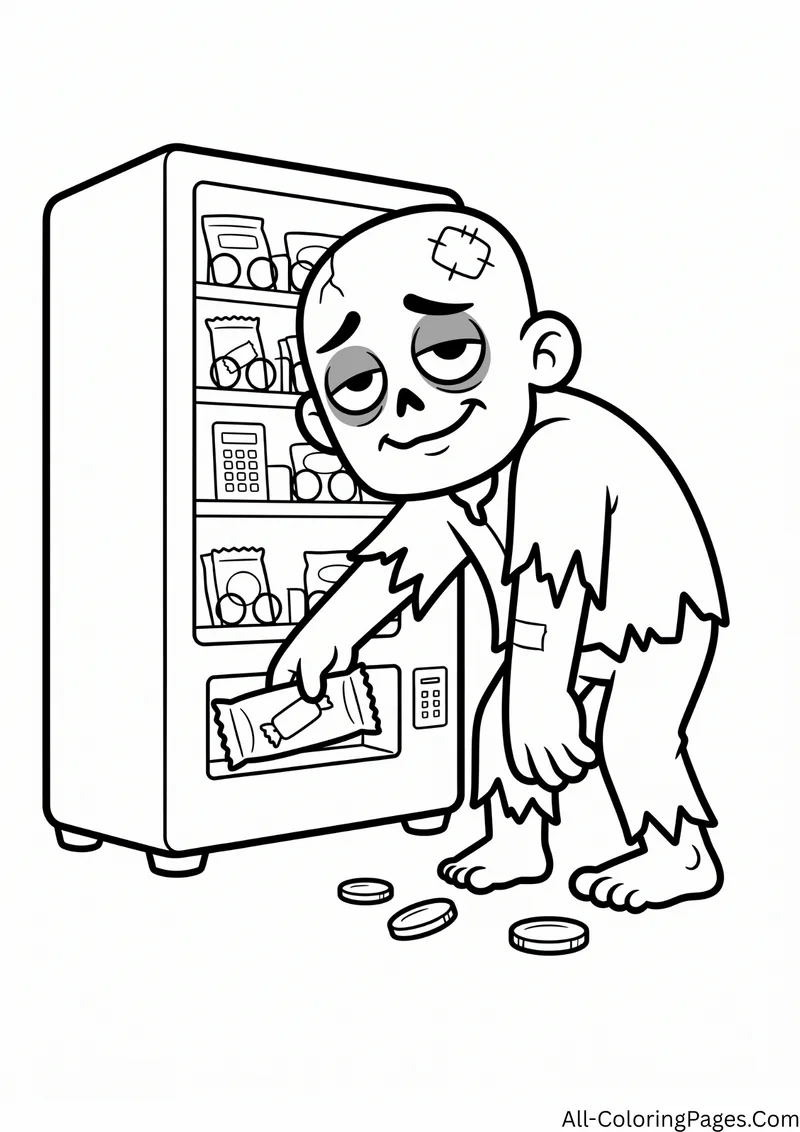 Zombie reaching into a vending machine for a snack bar, with coins on the floor