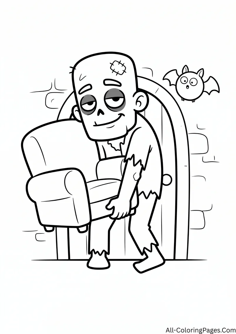Zombie carrying an armchair through a narrow doorway while a bat watches