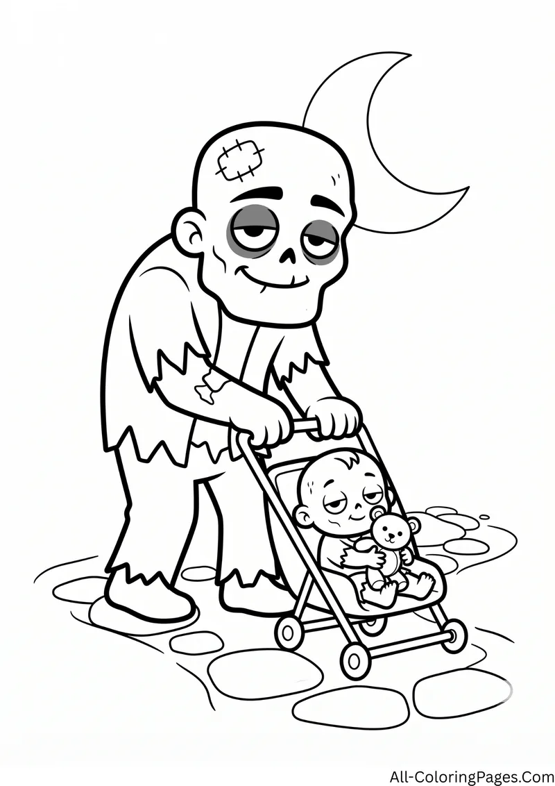 Zombie pushing a stroller with a baby zombie and a teddy bear along a stone path, under a crescent moon