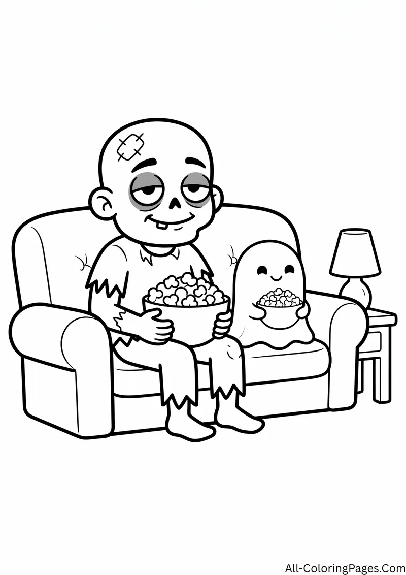Zombie and a small ghost sitting on a couch with bowls of popcorn, next to a lamp