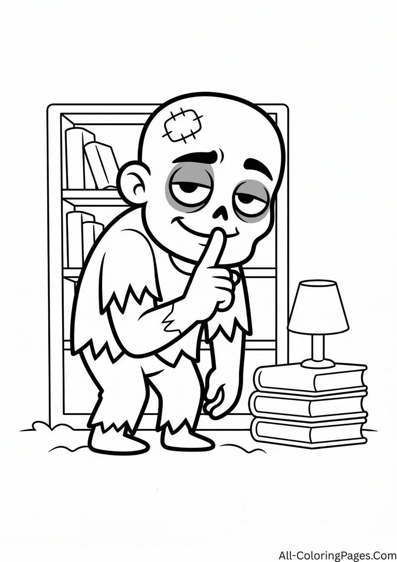 Zombie holding a finger to its lips beside a bookshelf, with a lamp on a stack of books