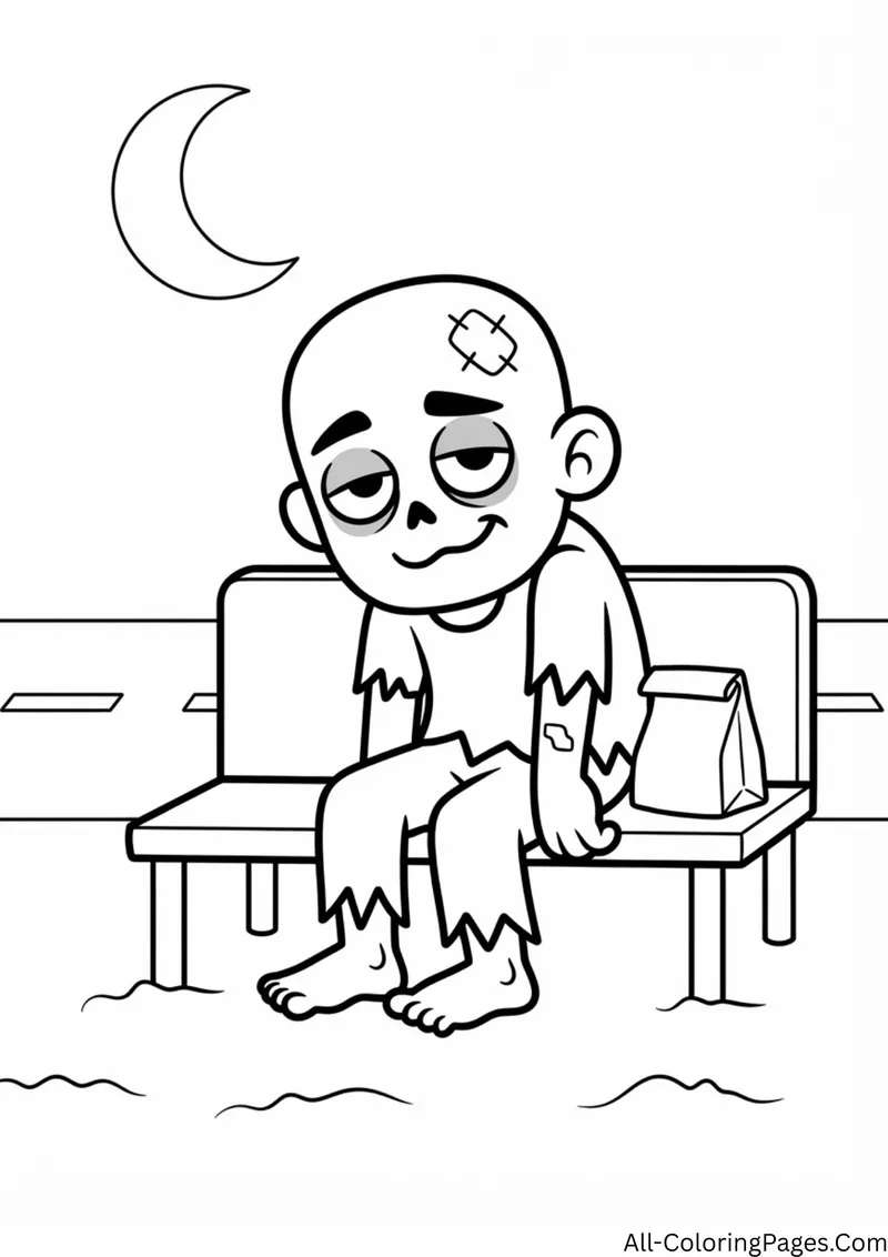 Zombie sitting on a bus stop bench with a paper lunch bag, under a crescent moon