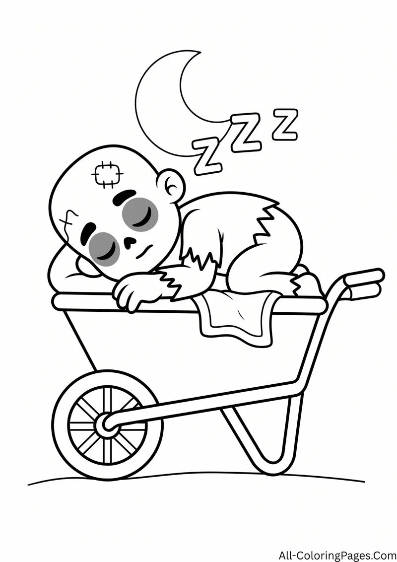Zombie sleeping in a wheelbarrow under a crescent moon with the letters Z