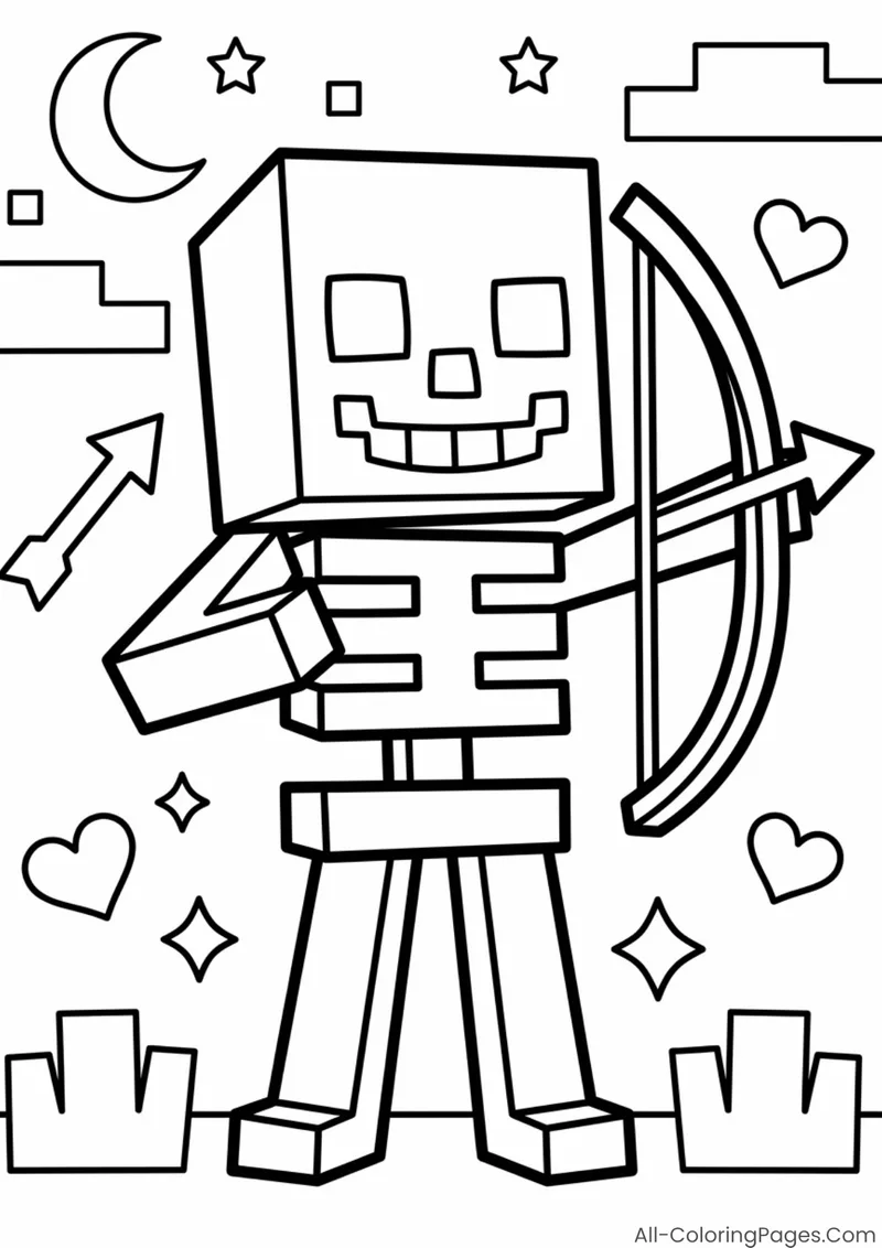 A smiling skeleton holding a bow and arrow among stars
