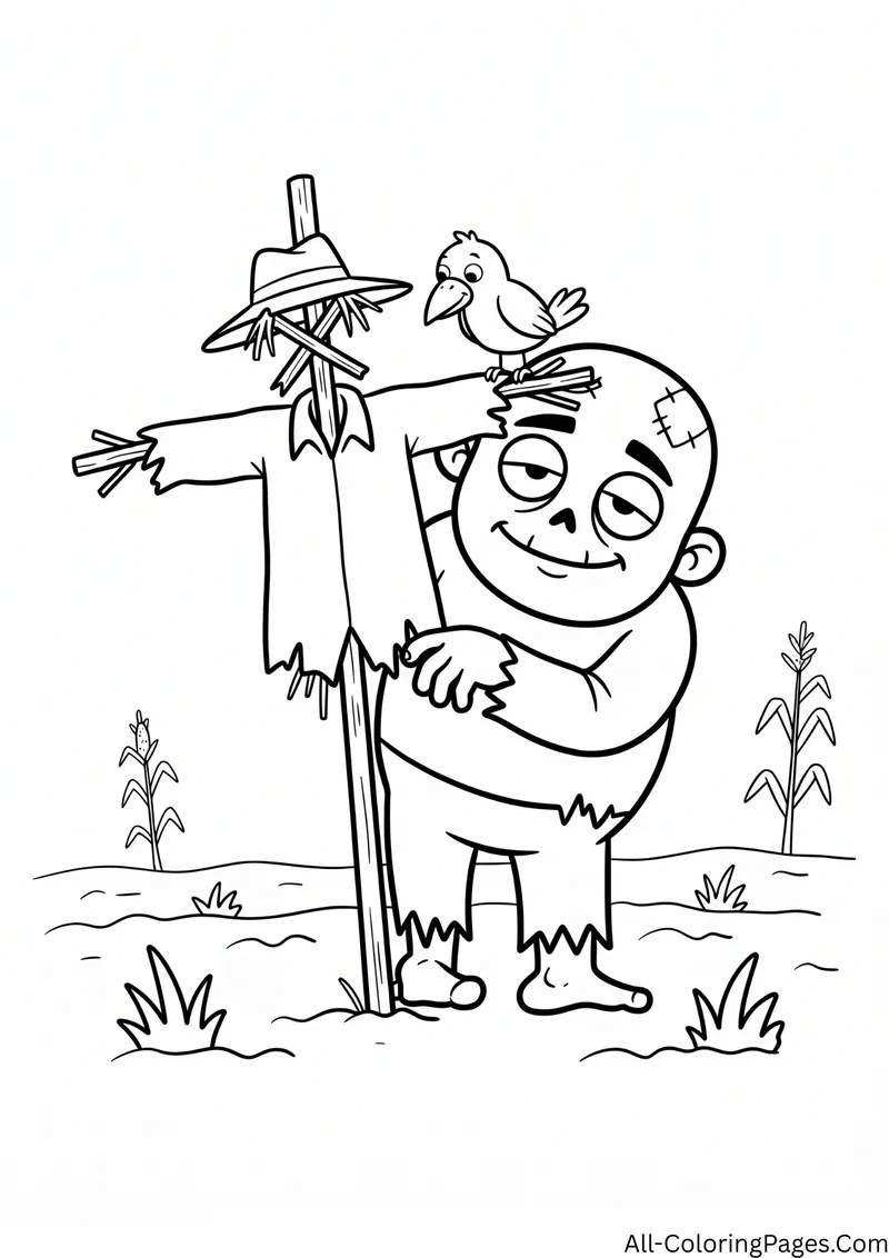 Zombie hiding behind a scarecrow with a crow on its hat, with corn stalks