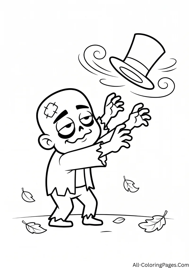 Zombie reaching for a top hat blown away by the wind, with swirling leaves