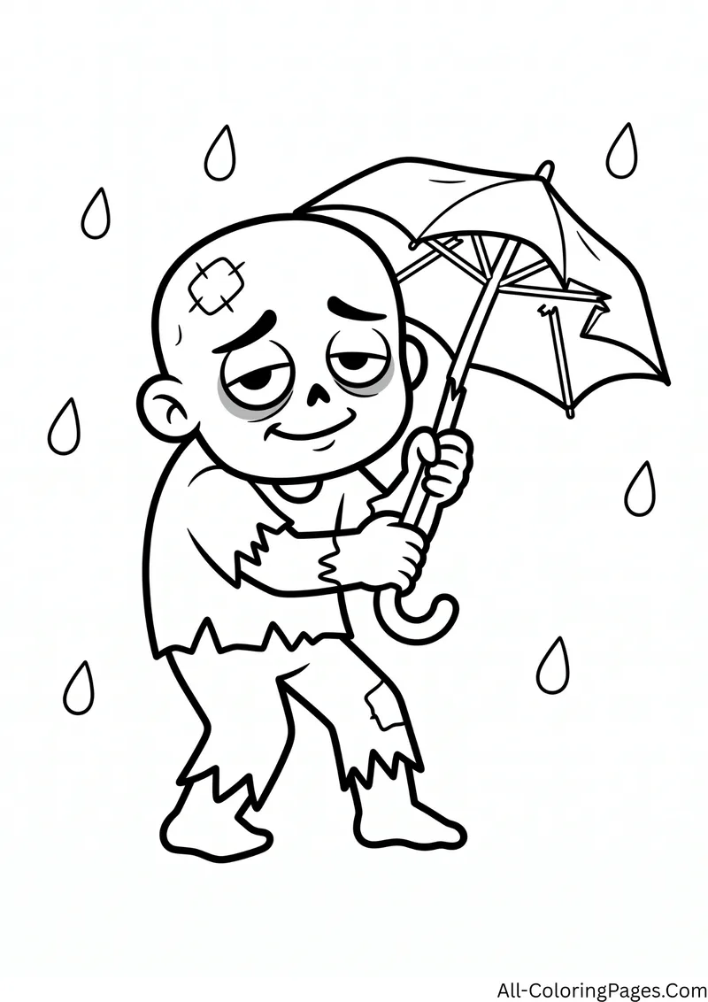 Zombie holding a broken umbrella in the rain with raindrops falling