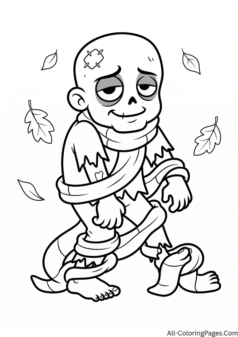 Zombie tangled in a very long scarf with autumn leaves around