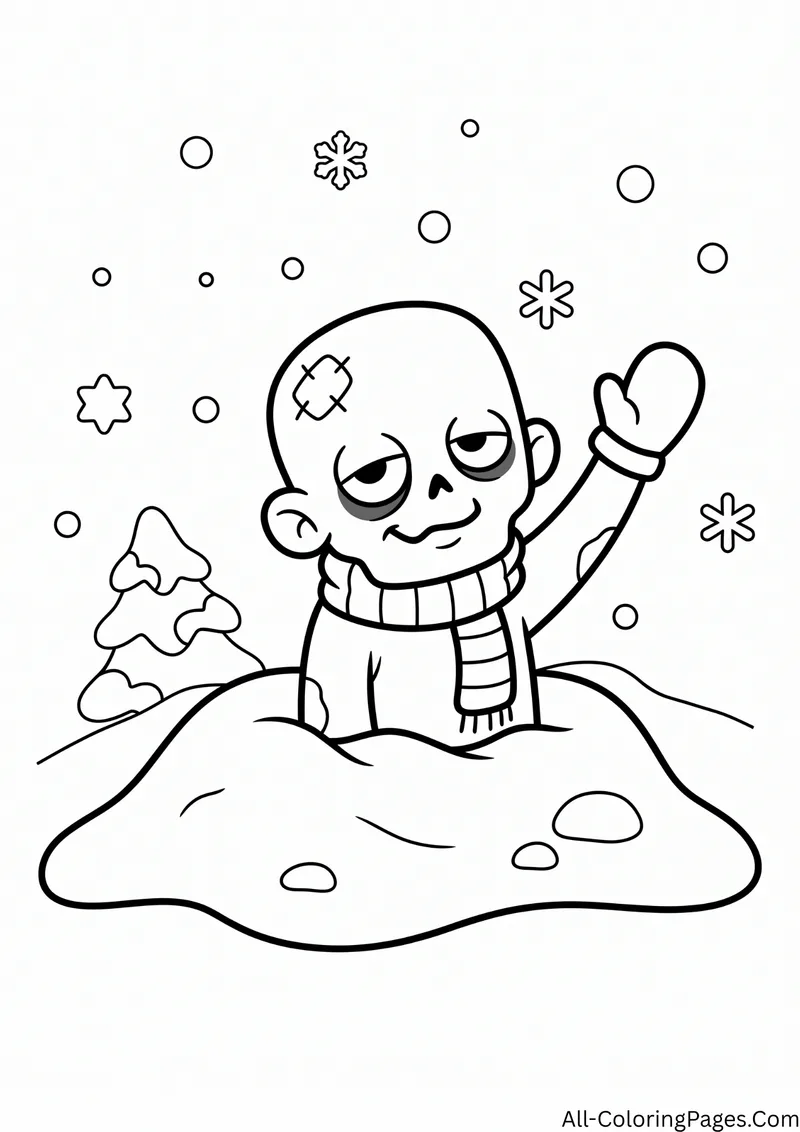 Zombie stuck in a snowdrift wearing a scarf and waving a mitten, with snowflakes and a pine tree