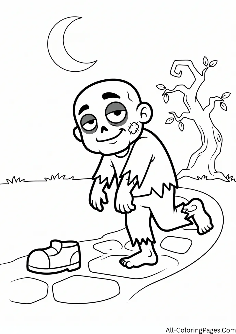 Zombie walking on a stone path with one shoe left behind, a twisted tree and a crescent moon