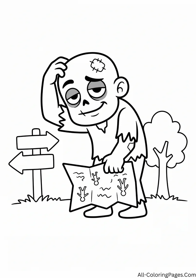 Puzzled zombie holding a map upside down next to a signpost and a tree
