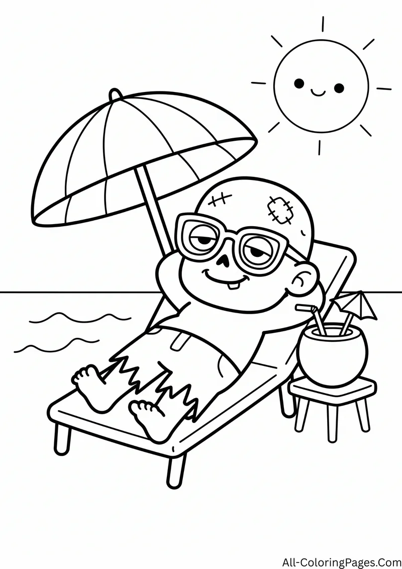 Zombie in sunglasses relaxing on a beach chair under an umbrella with a coconut drink and a smiling sun