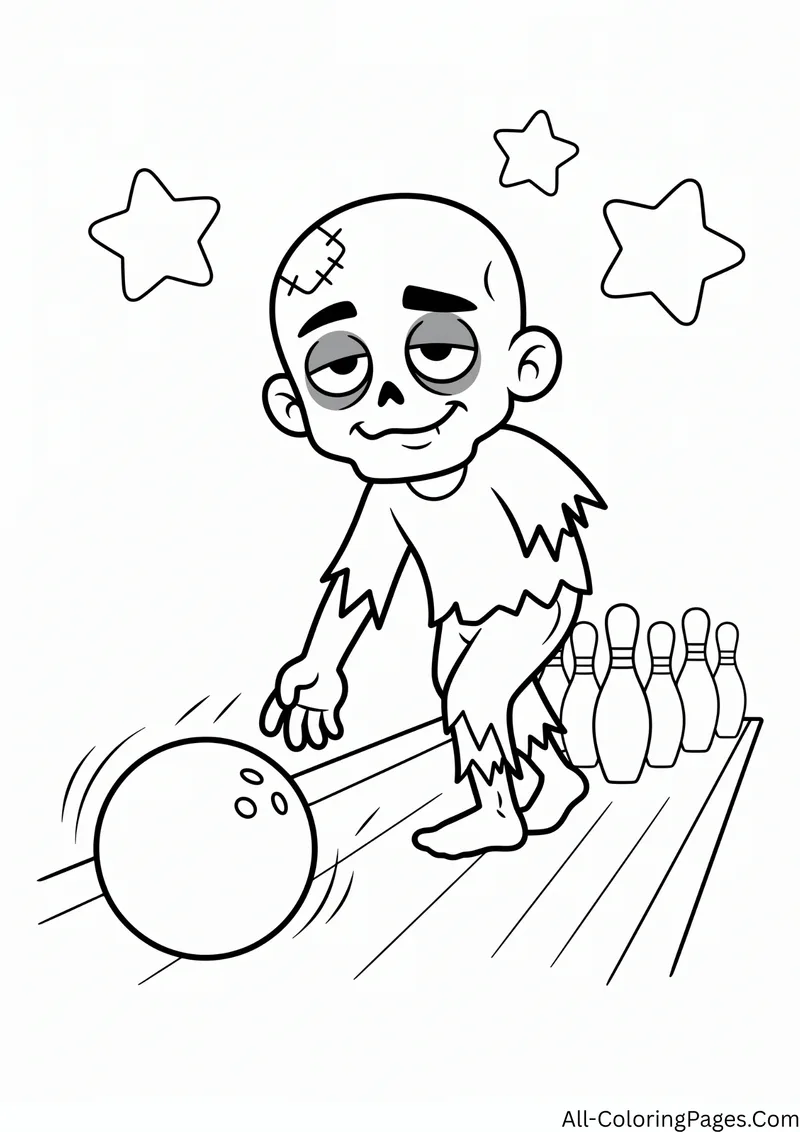 Zombie rolling a bowling ball toward pins in a bowling lane, with stars