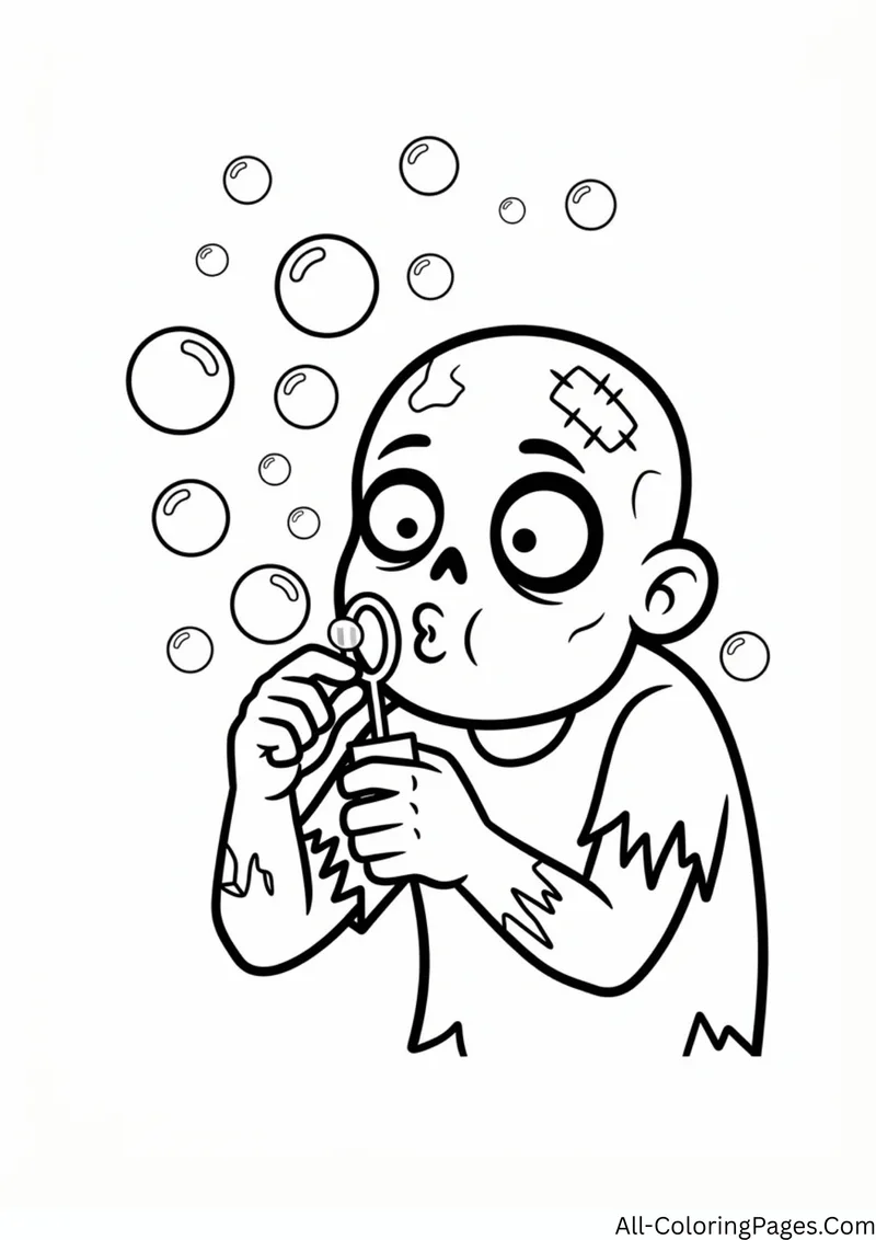 Wide eyed zombie blowing bubbles with a bubble wand