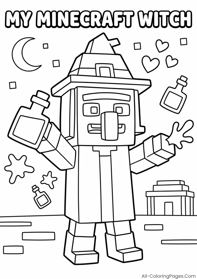 A Minecraft witch wearing a pointed hat and holding a potion bottle