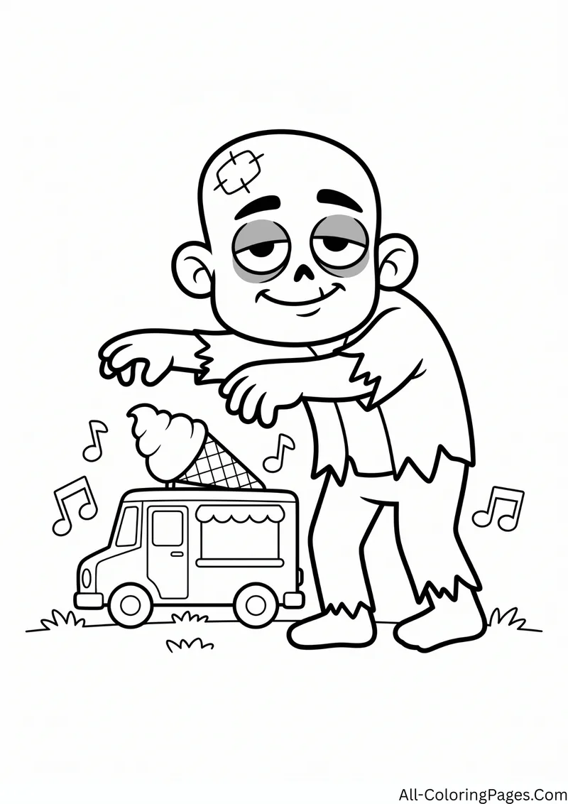 Zombie reaching toward a small ice cream truck with music notes around