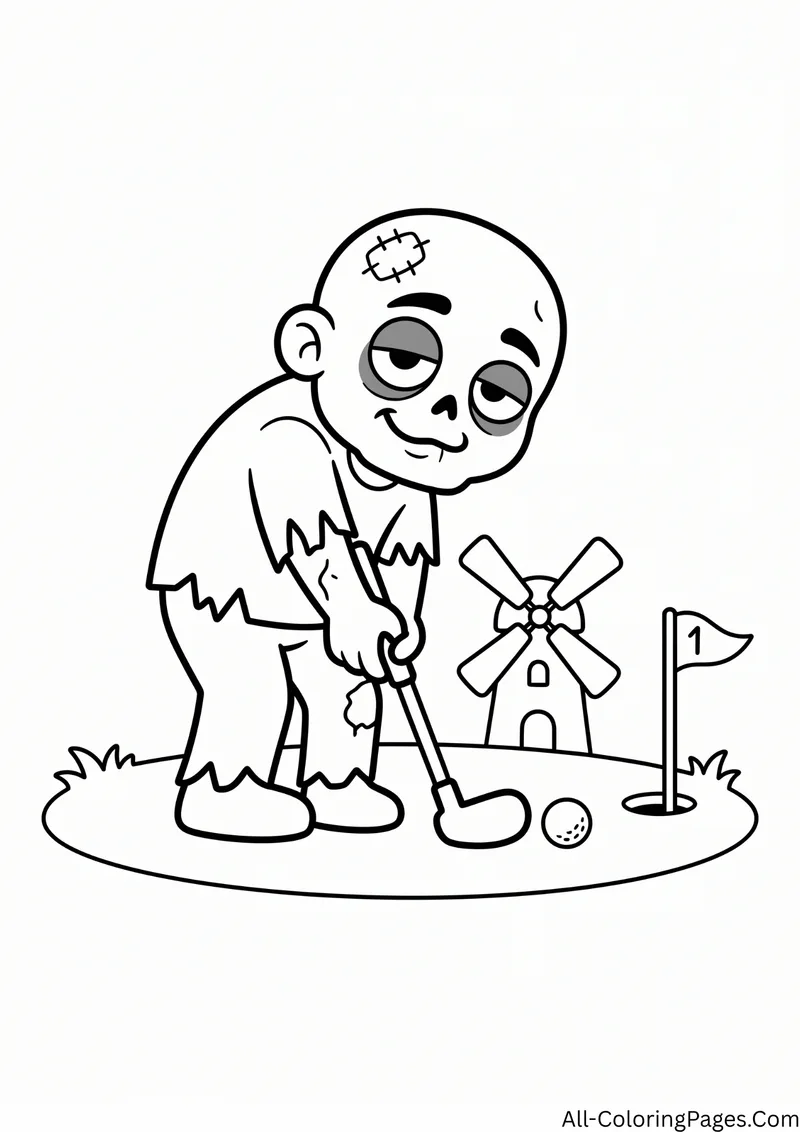 Zombie putting a golf ball toward a hole with a flag at a mini golf course with a windmill