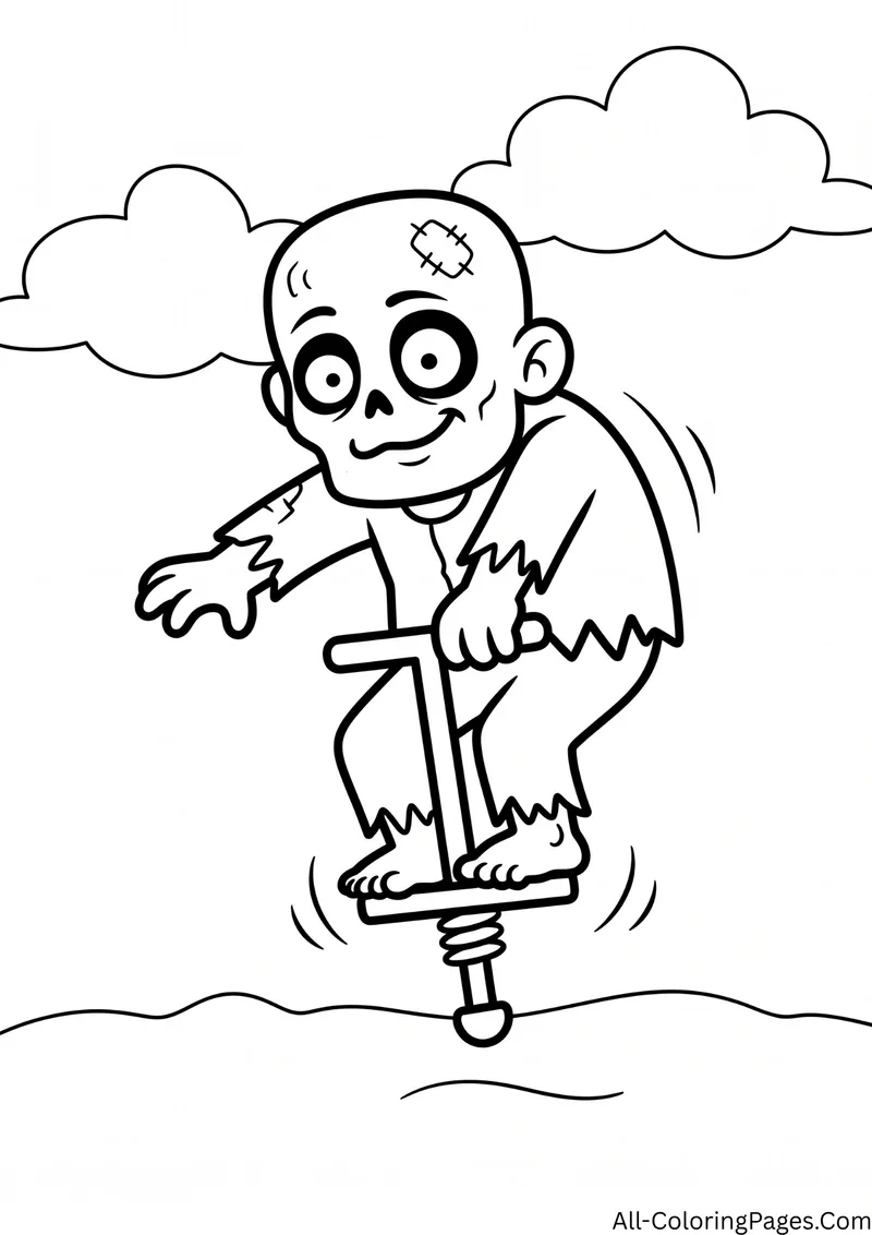 Wide eyed zombie bouncing on a pogo stick with clouds in the sky
