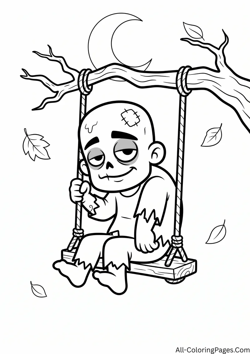 Zombie sitting on a rope swing hanging from a tree branch under a crescent moon, with falling leaves