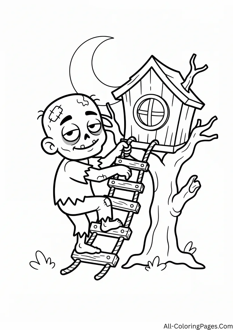 Zombie climbing a rope ladder up to a treehouse under a crescent moon