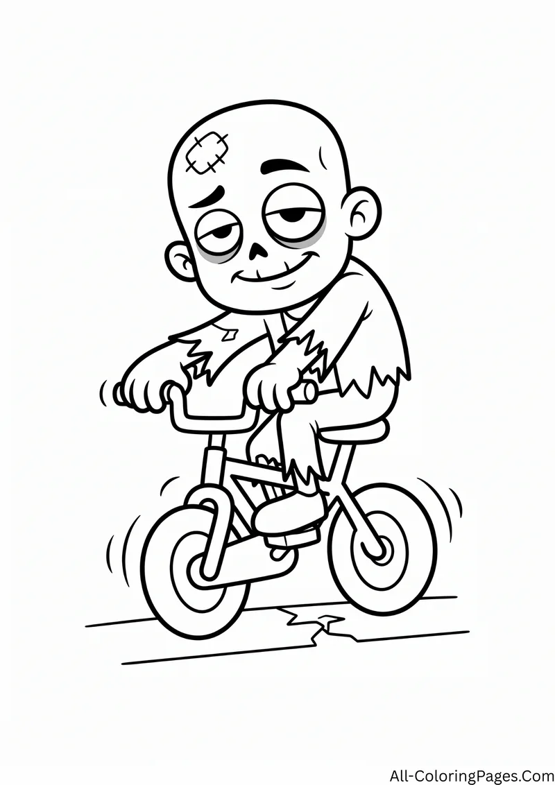 Zombie riding a small bicycle along a path