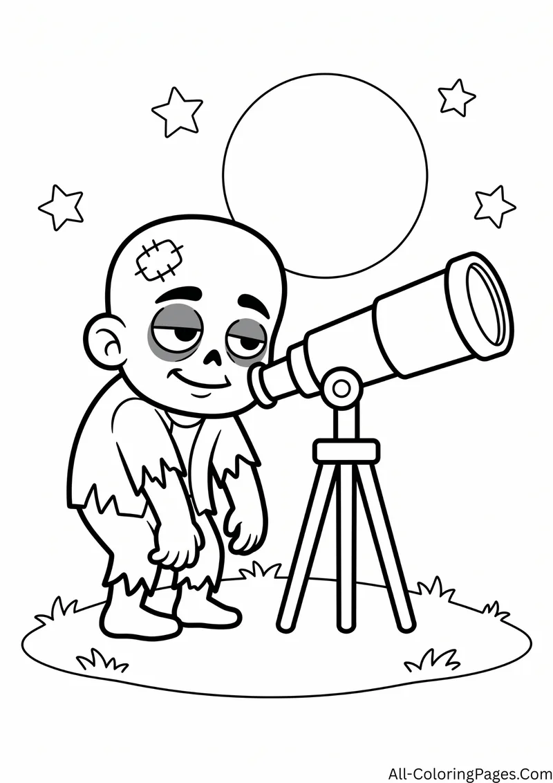 Zombie standing next to a telescope on a tripod under a full moon and stars