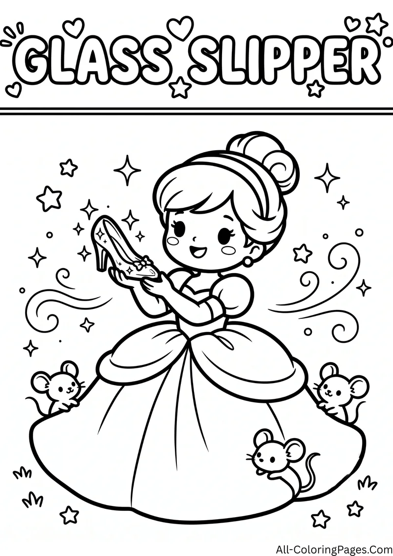 Princess in a ball gown holding a glass slipper with three mice around her, with the title Glass Slipper