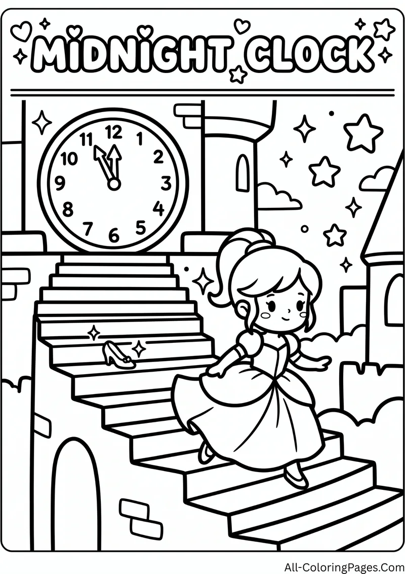 Princess running down palace stairs with a glass slipper left on a step and a clock near midnight, with the title Midnight Clock
