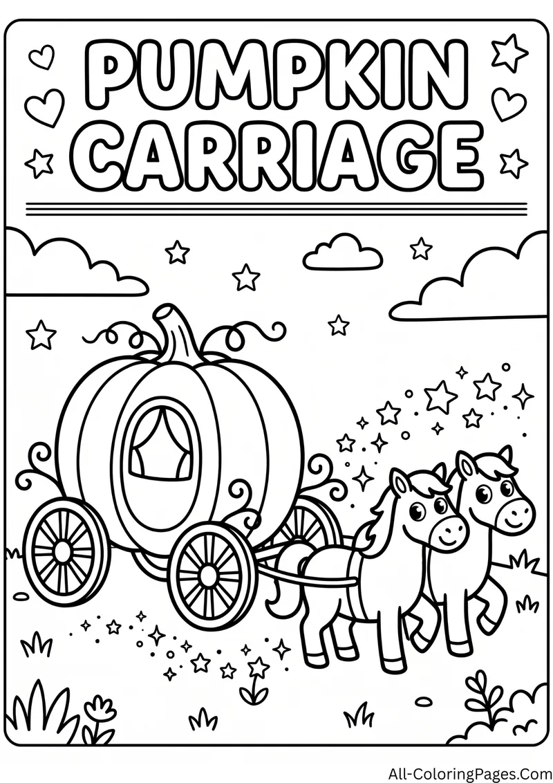 Pumpkin carriage pulled by two ponies with sparkles and clouds, inside a frame with the title Pumpkin Carriage