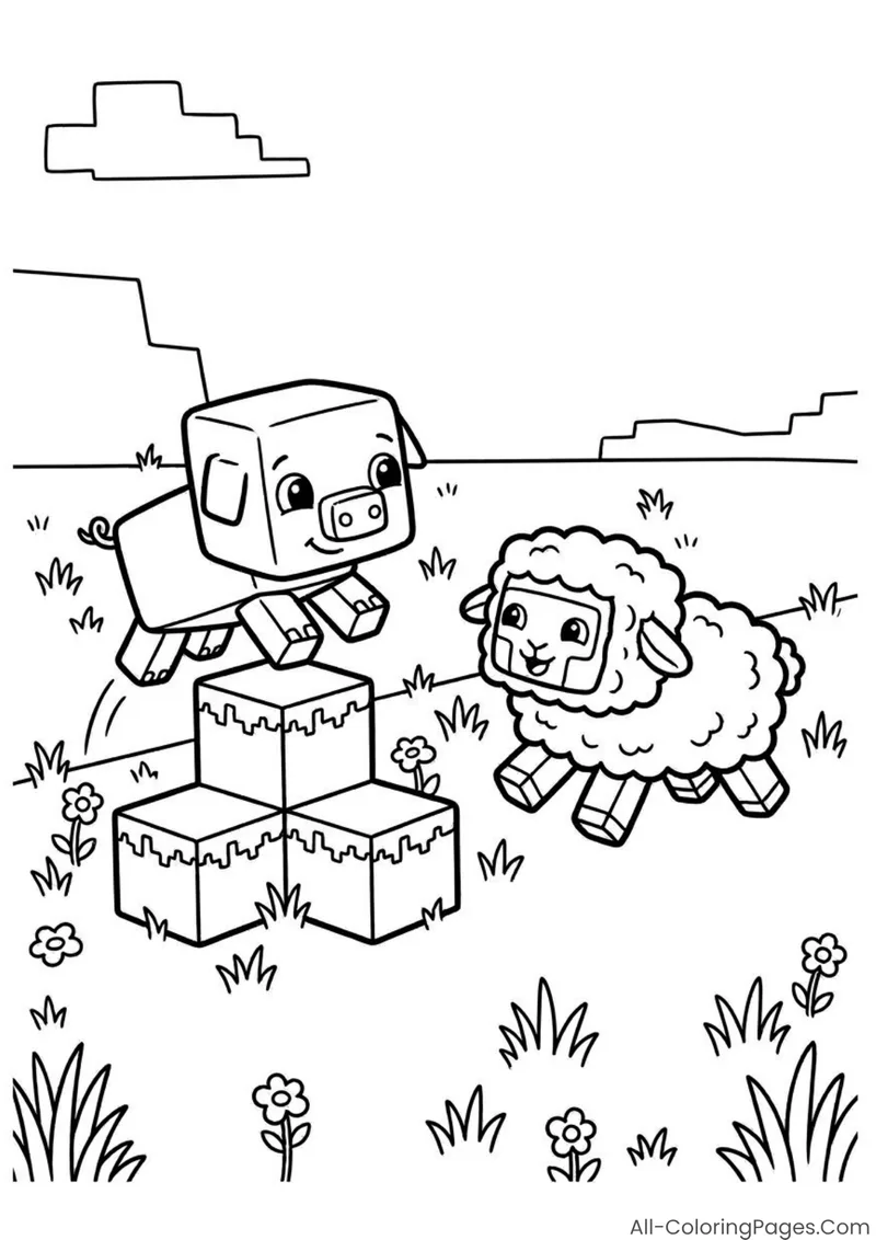 A pig and sheep leaping beside grass blocks and flowers