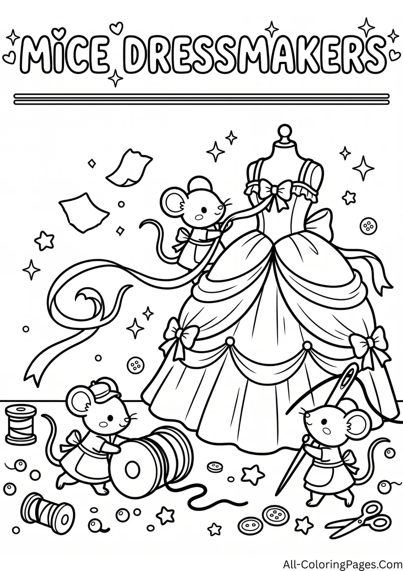 Mice sewing a ball gown on a dress form with ribbons, thread spools, buttons and scissors, with the title Mice Dressmakers