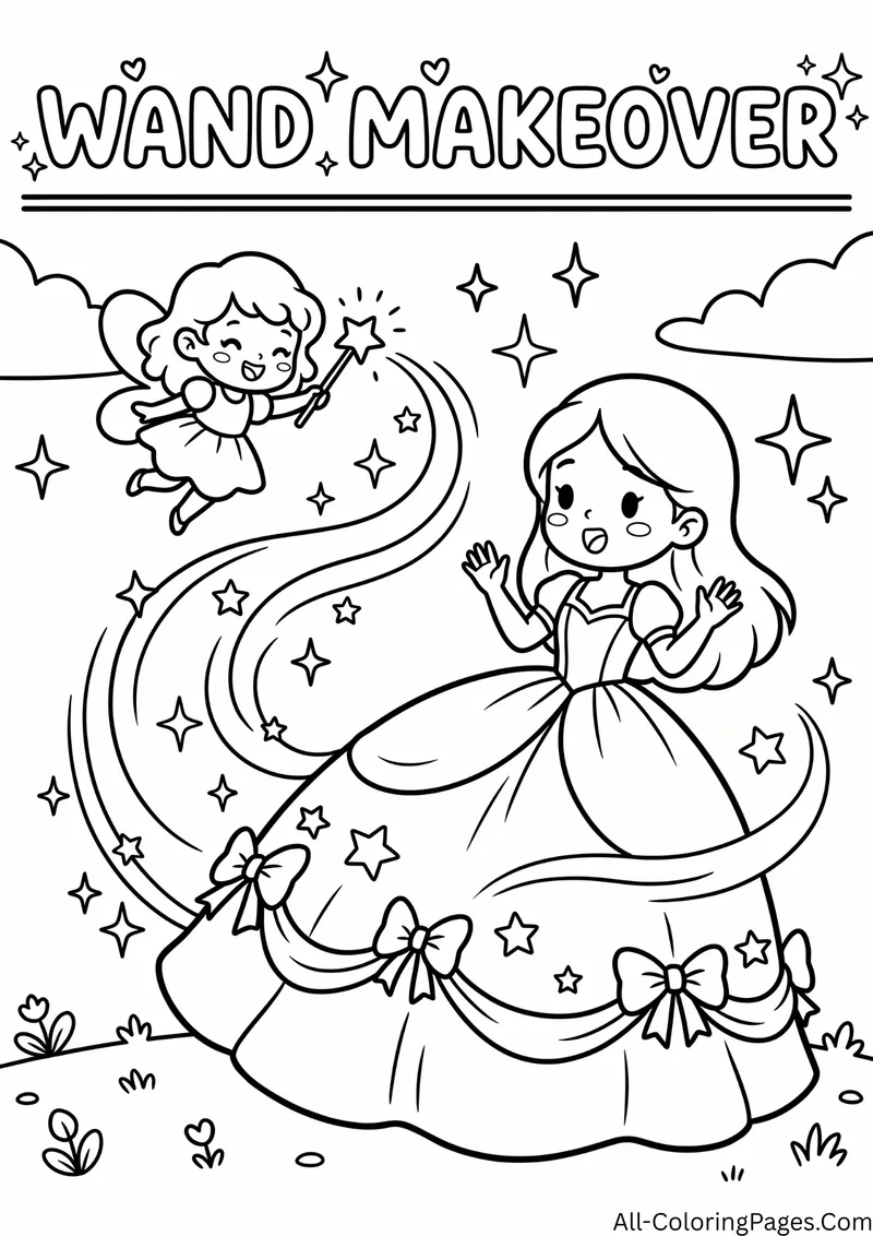 Fairy waving a magic wand as a princess dress turns into a ball gown with bows and stars, with the title Wand Makeover