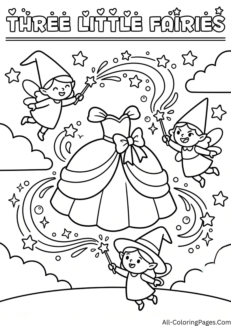 Three small fairies with wands and pointy hats flying around a ball gown, with the title Three Little Fairies
