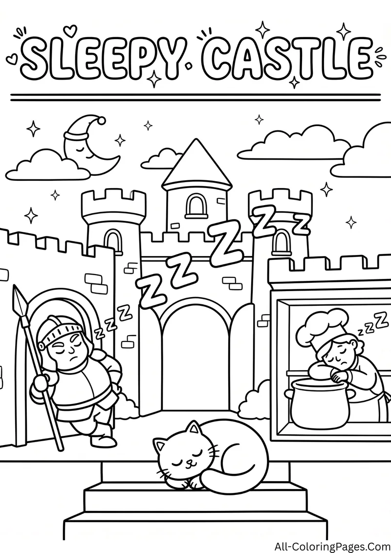 Castle with a sleeping guard, a sleeping cook and a sleeping cat, with Z letters and the title Sleepy Castle