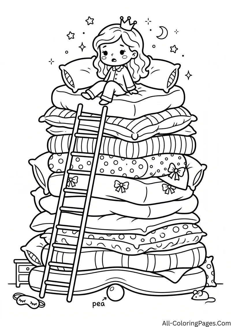 Princess sitting on top of a tall stack of mattresses with a ladder, and a small pea at the bottom