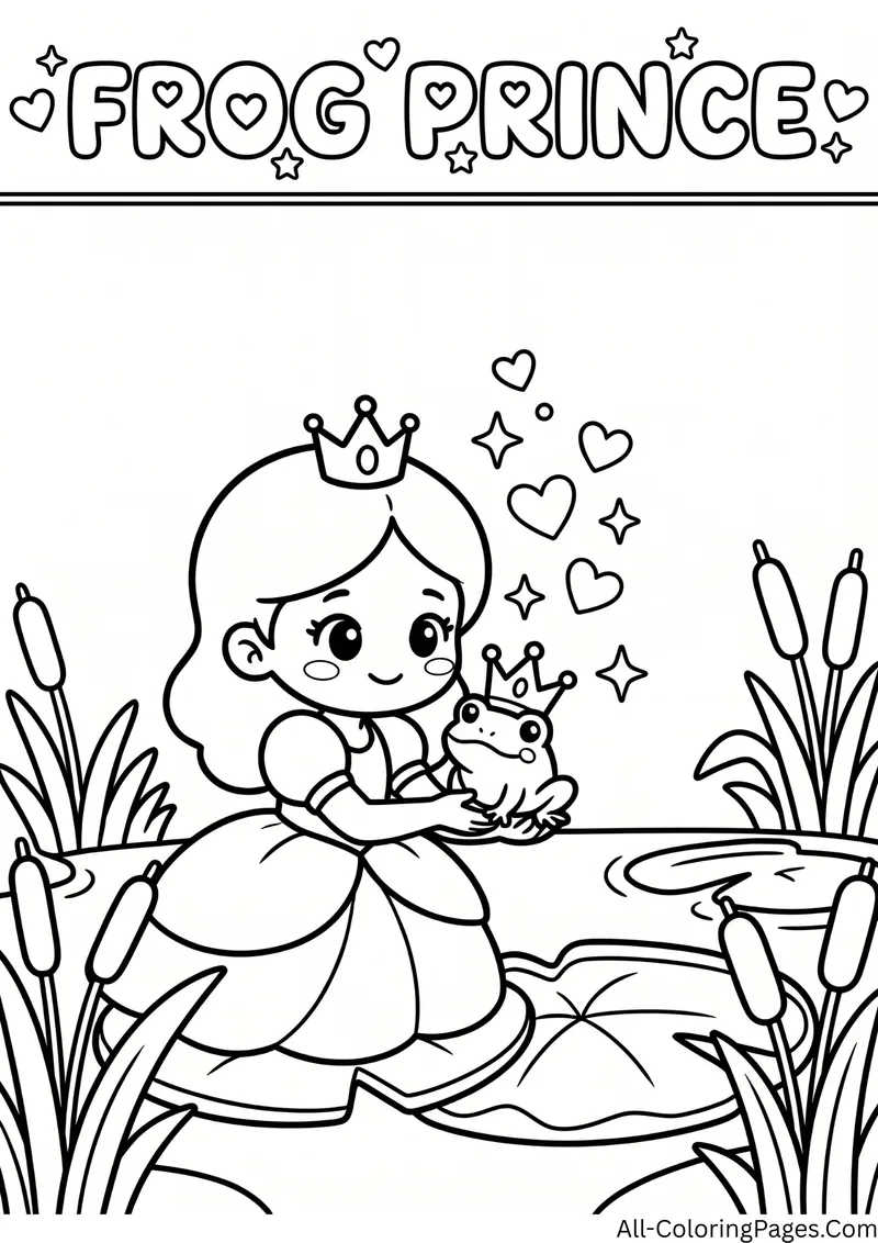 Princess holding a frog wearing a crown beside a pond with cattails and lily pads, with the title Frog Prince