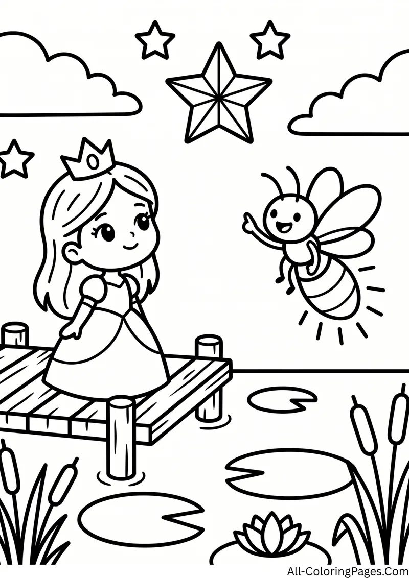 Princess standing on a dock beside a smiling firefly, with a big star, lily pads and cattails