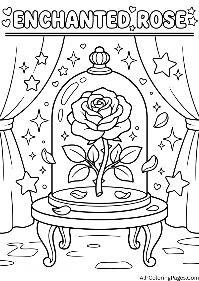 Rose under a glass dome on a small table with falling petals, curtains and stars, with the title Enchanted Rose