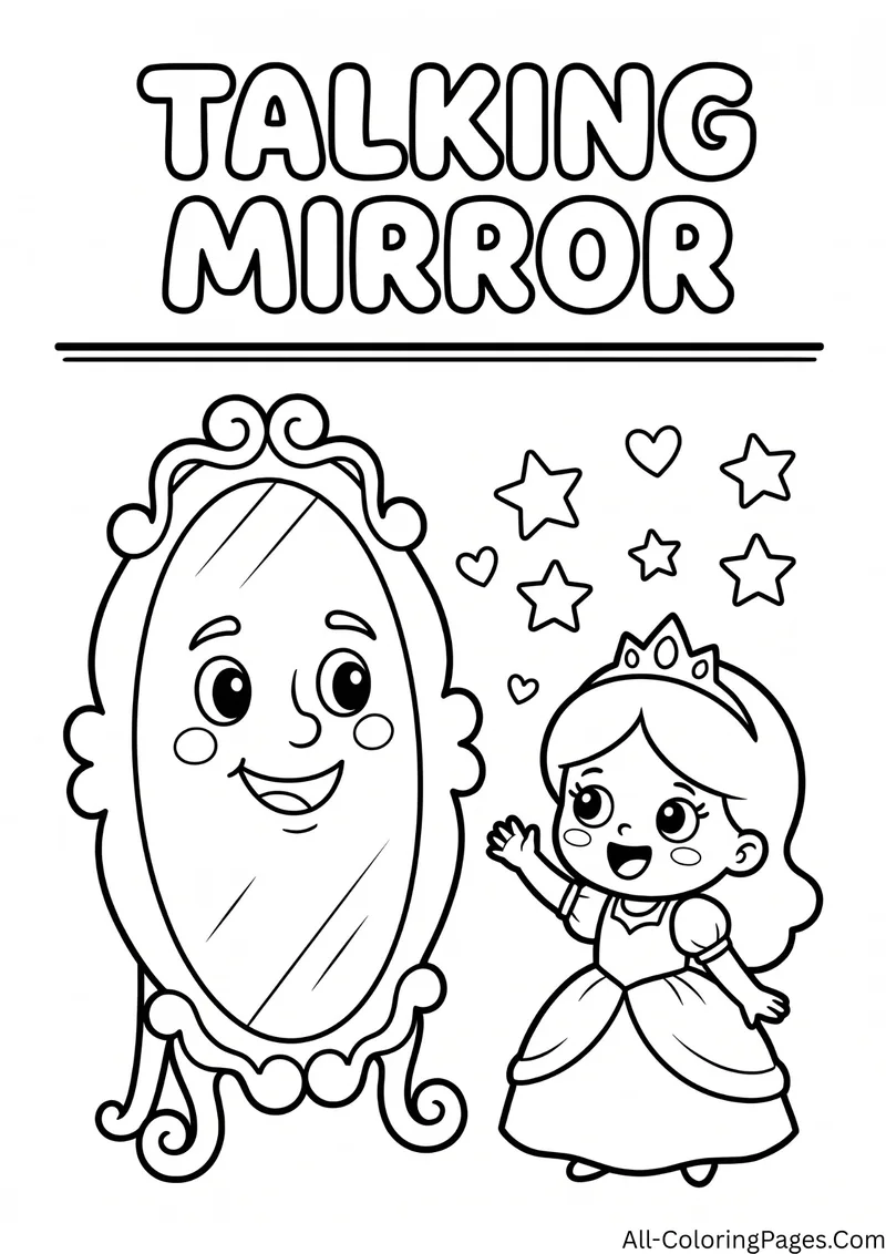 Smiling mirror with a face standing next to a waving princess, with stars and hearts and the title Talking Mirror