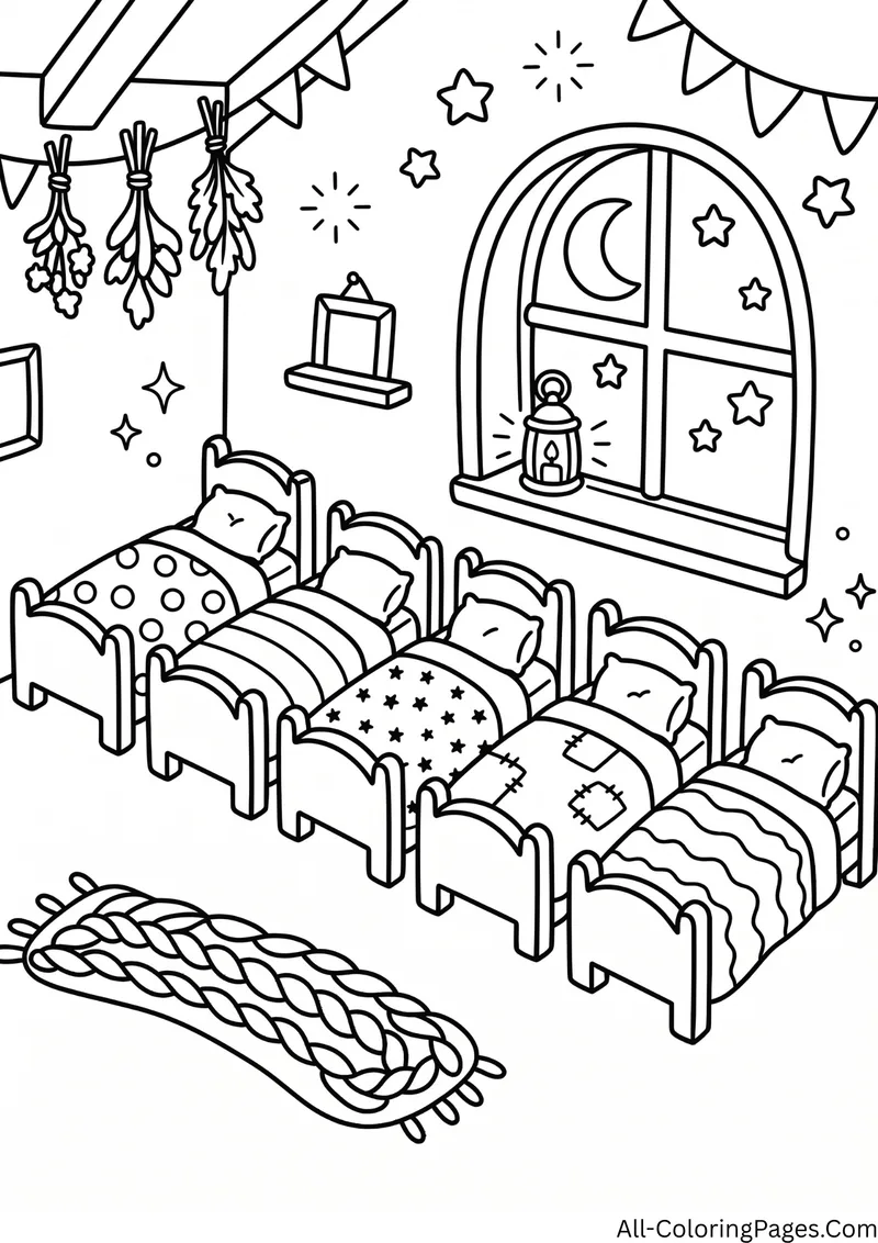 Row of five small beds with patterned quilts in a cottage, with a moon window, bunting and dried herbs