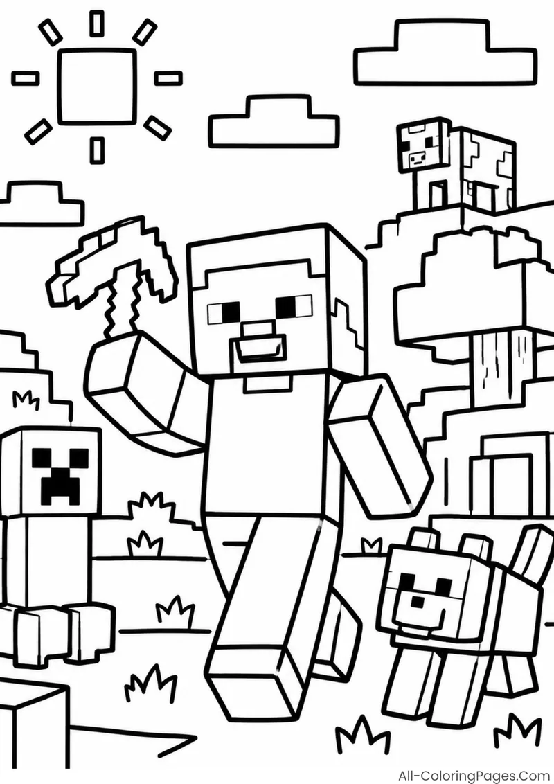 Steve carrying a pickaxe beside a Creeper, wolf and sheep