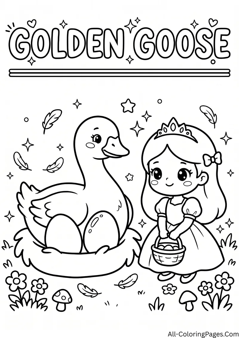 Goose sitting on a nest of eggs next to a princess holding a basket, with flowers and the title Golden Goose