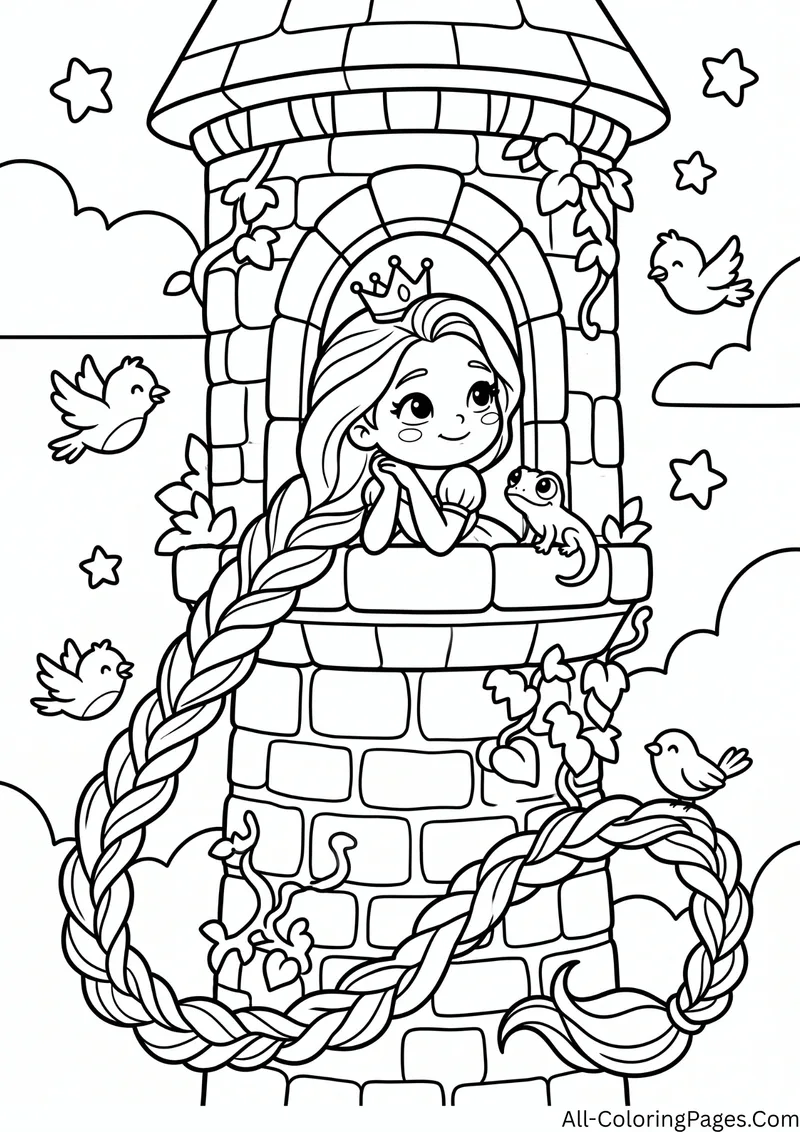 Princess at a tower window with a long braid hanging down, a chameleon and birds around the tower