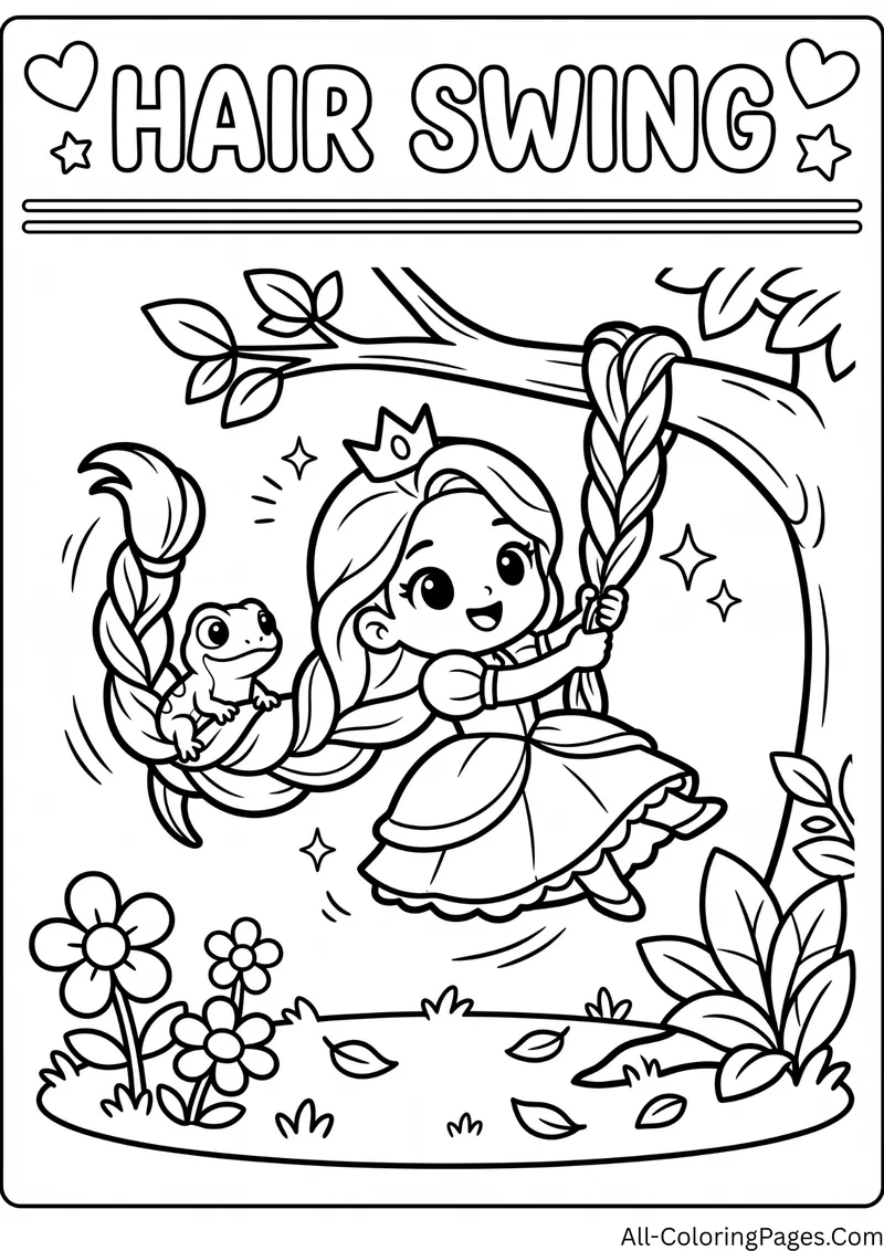 Princess swinging from a tree branch on her long braid with a chameleon, inside a frame with the title Hair Swing