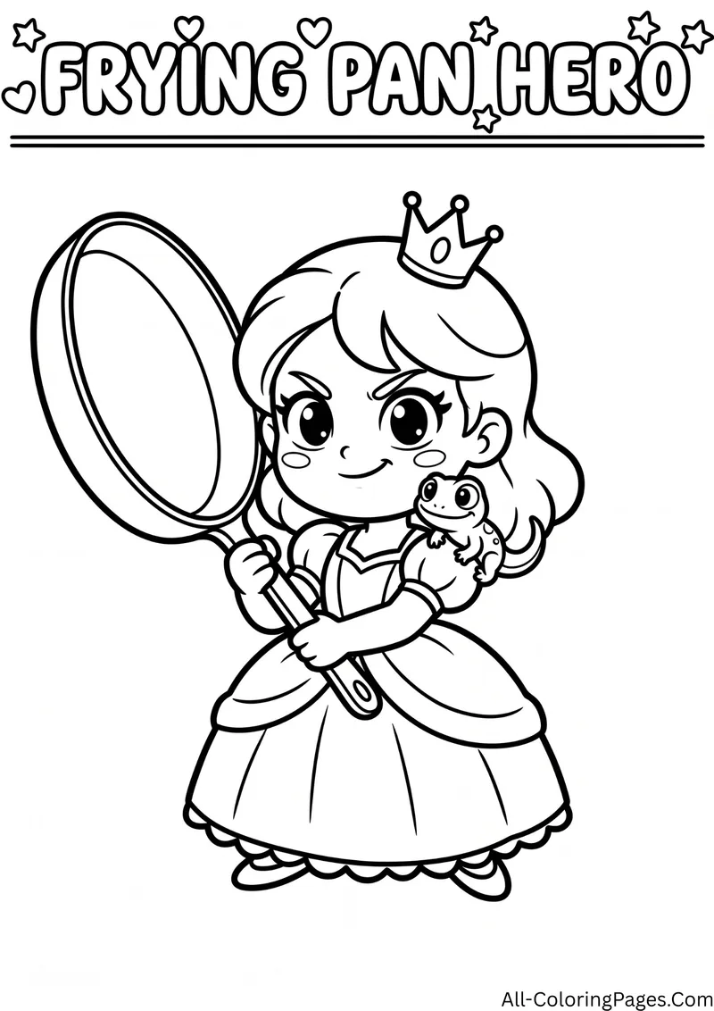 Princess holding a frying pan with a chameleon on her shoulder, with the title Frying Pan Hero