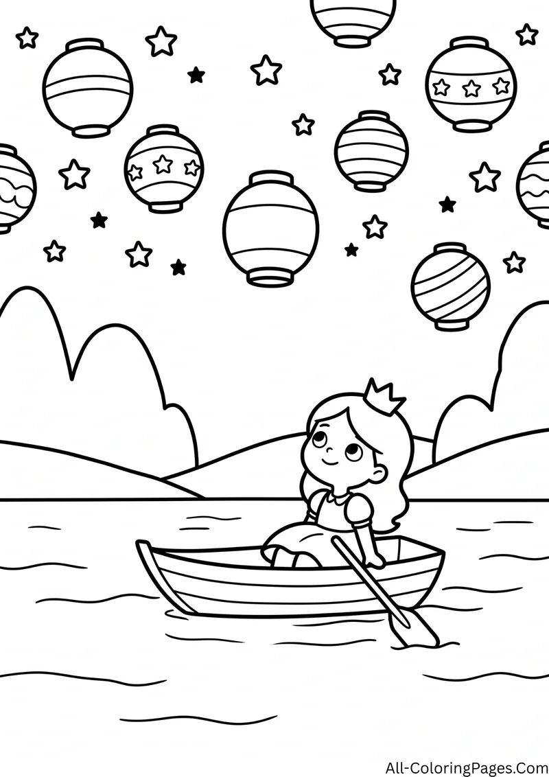 Princess sitting in a rowboat on a lake looking up at floating lanterns and stars