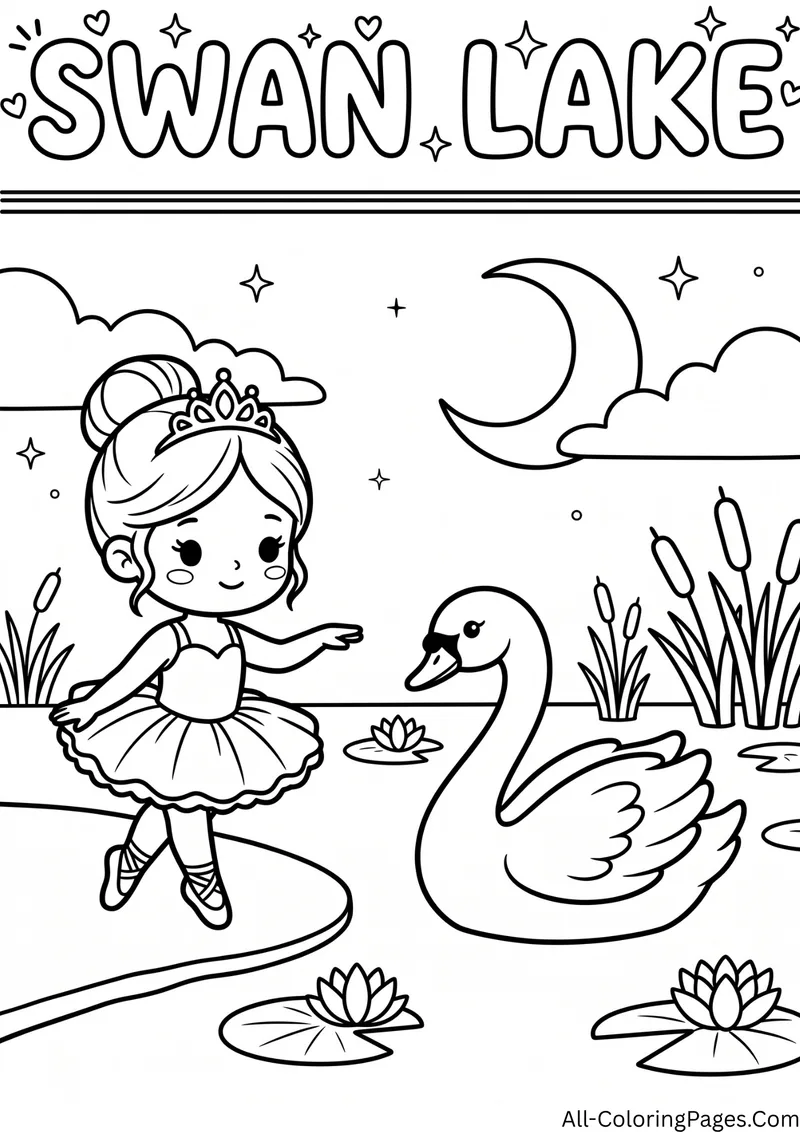 Ballerina princess in a tutu dancing beside a swan at a lake under a crescent moon, with the title Swan Lake